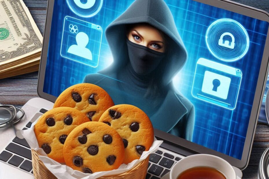 Laptop mit Hacker, Cookies und Kaffee